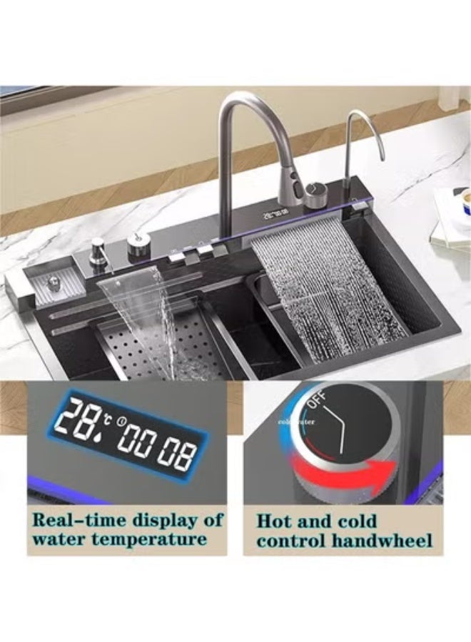 المفتاحة حوض مطبخ ذكي مع شاشة LED للتحكم باللمس، وحنفية شلال مزدوجة، وغسالة خضراوات، وموزع صابون، وملحقات متعددة الوظائف - حوض مزدوج من الفولاذ المقاوم للصدأ للمطابخ الحديثة - Image 2