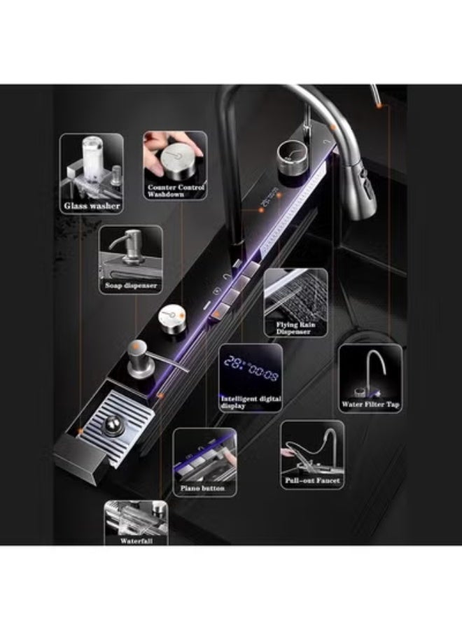 المفتاحة حوض مطبخ ذكي مع شاشة LED للتحكم باللمس، وحنفية شلال مزدوجة، وغسالة خضراوات، وموزع صابون، وملحقات متعددة الوظائف - حوض مزدوج من الفولاذ المقاوم للصدأ للمطابخ الحديثة - Image 3