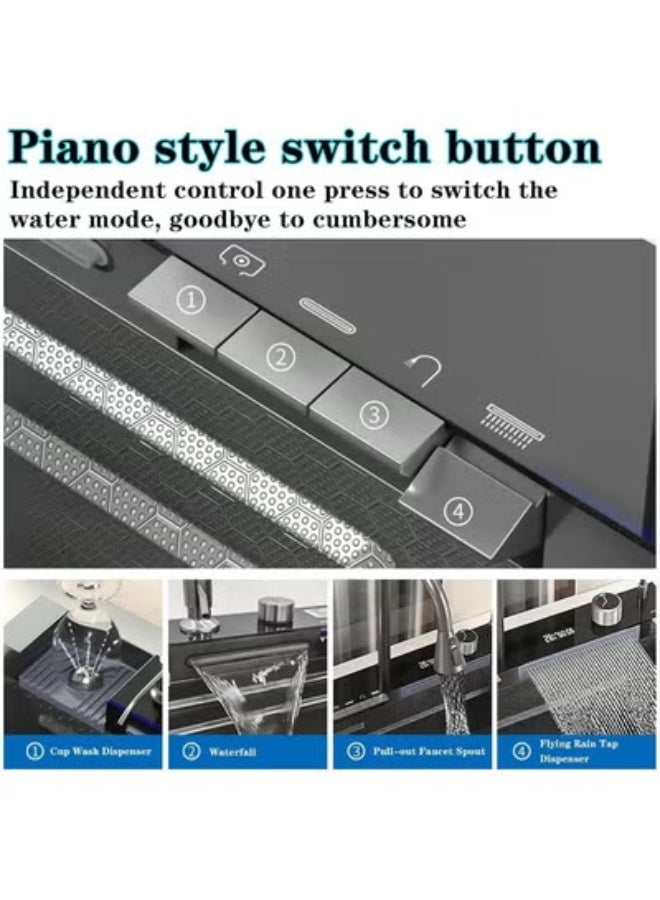 المفتاحة حوض مطبخ ذكي مع شاشة LED للتحكم باللمس، وحنفية شلال مزدوجة، وغسالة خضراوات، وموزع صابون، وملحقات متعددة الوظائف - حوض مزدوج من الفولاذ المقاوم للصدأ للمطابخ الحديثة - Image 4