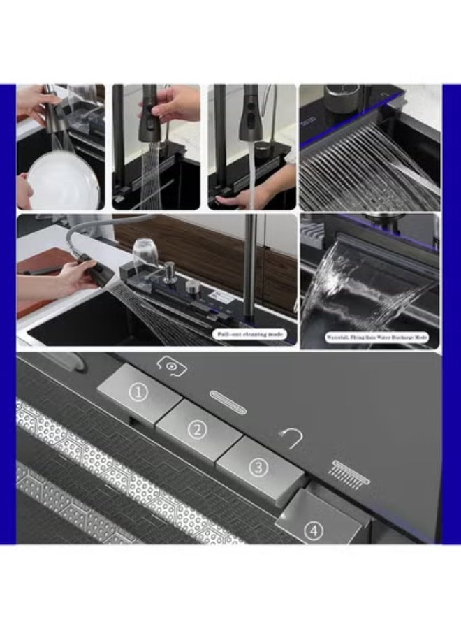 المفتاحة حوض مطبخ ذكي مع شاشة LED للتحكم باللمس، وحنفية شلال مزدوجة، وغسالة خضراوات، وموزع صابون، وملحقات متعددة الوظائف - حوض مزدوج من الفولاذ المقاوم للصدأ للمطابخ الحديثة - Image 5