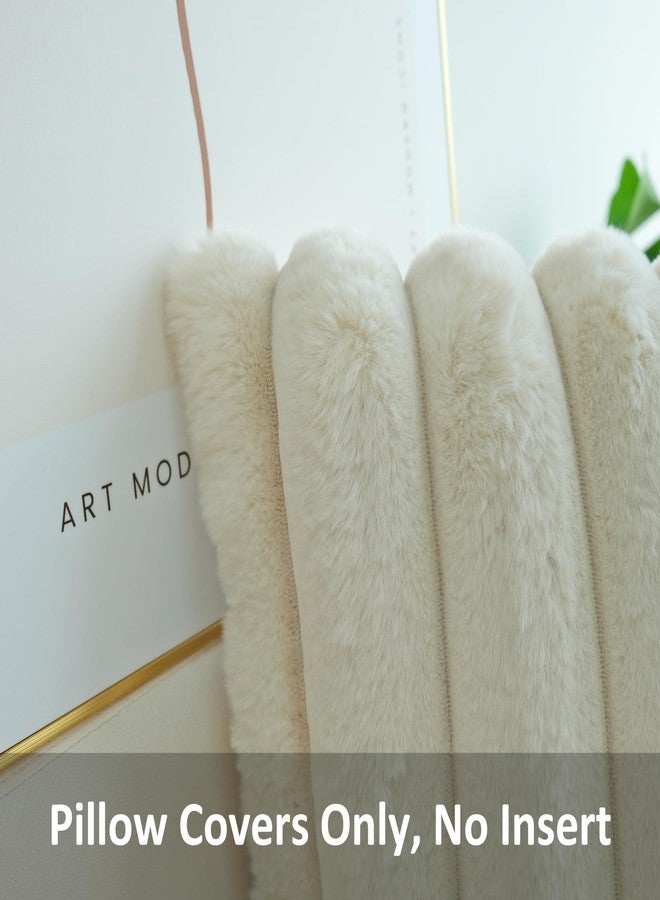 JOJUSIS Pack of 2 Faux Fur Plush Decorative Throw Pillow Covers Couch Cushion Case Soft Fluffy Pillowcases Wide Stripe (Beige, 18 x 18 Inch) - Image 2