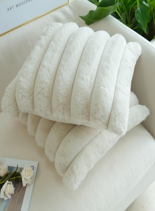 JOJUSIS Pack of 2 Faux Fur Plush Decorative Throw Pillow Covers Couch Cushion Case Soft Fluffy Pillowcases Wide Stripe (Beige, 18 x 18 Inch) - Image 4