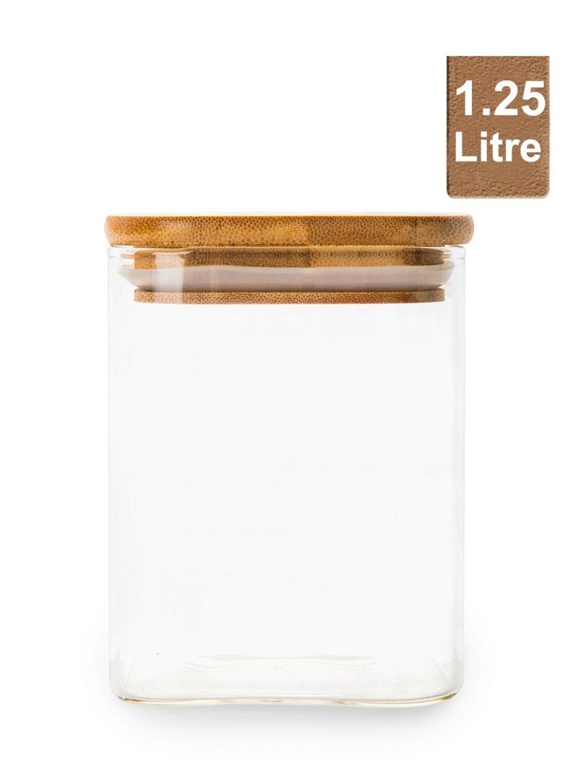 Homesmiths Honey Bee 1.25 Liter Multipurpose Airtight Round Glass Jar with Bamboo Lid For Kitchen & Pantry - Image 1