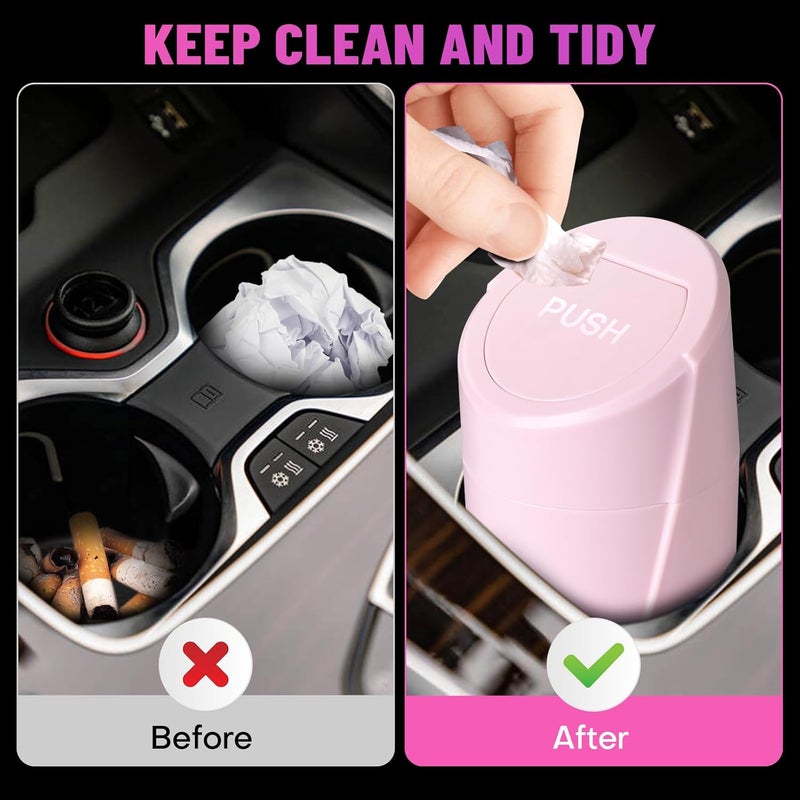 SGLRT Car Trash Can Bin with Lid - 2 Packs Mini Leakproof Vehicle Garbage Bin with 40 Trash Bags - Pink - Image 2