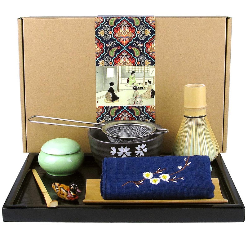 Artcome Artcome Japanese Matcha Tea Set Matcha Whisk Traditional Scoop Matcha Bowl Black Bamboo Tray Ceramic Whisk Holder Matcha Caddy Handmade Matcha Ceremony Kit For Japanese Tea Ceremony 10Pcs  - Image 1