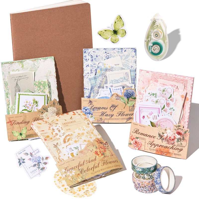 JOYCHOIC Vintage Junk Journal Supplies Kit, 4 Packs Floral Journaling and Scrapbooking for Adults, Aesthetic Scrapbook Materials, Bullet Journals for Women - Image 1