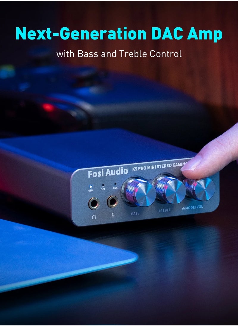 Fosi Audio - K5 PRO USB Gaming DAC With Microphone Headphone Amplifier Mini Audio DAC for PS5 Desktop Powered Active Speakers - Image 1