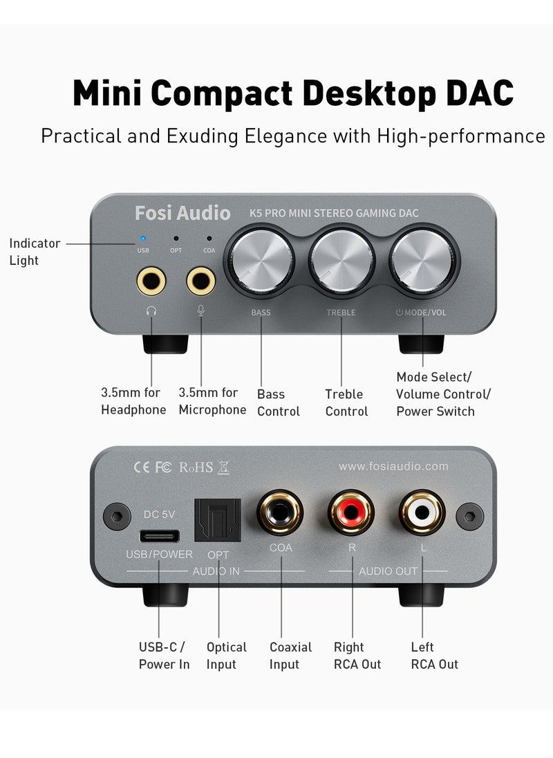 Fosi Audio - K5 PRO USB Gaming DAC With Microphone Headphone Amplifier Mini Audio DAC for PS5 Desktop Powered Active Speakers - Image 1