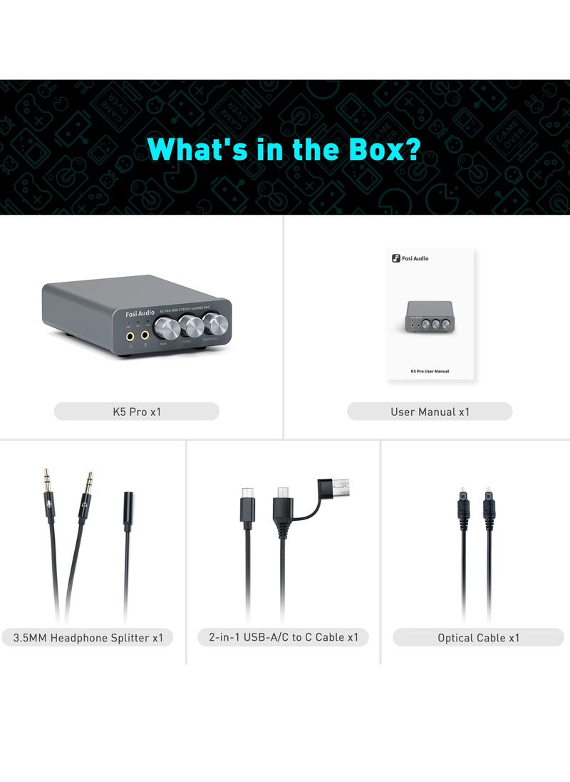 Fosi Audio - K5 PRO USB Gaming DAC With Microphone Headphone Amplifier Mini Audio DAC for PS5 Desktop Powered Active Speakers - Image 1