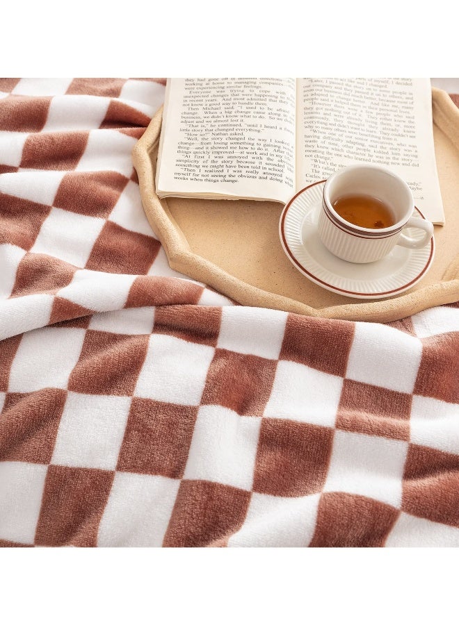 Soft Throw Blanket, Reversible Checkerboard Caramel, Warm Cozy Fluffy Plush Lightweight Blanket for Couch, Sofa, Bed - Image 3
