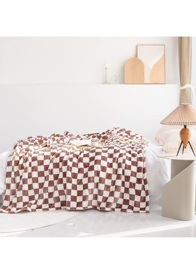 Soft Throw Blanket, Reversible Checkerboard Caramel, Warm Cozy Fluffy Plush Lightweight Blanket for Couch, Sofa, Bed - Image 2
