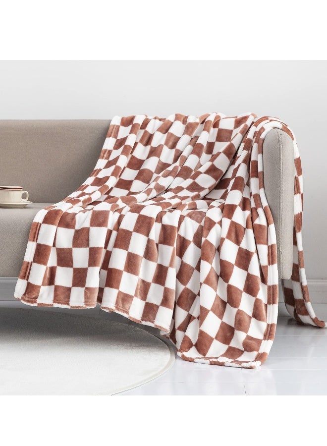 Soft Throw Blanket, Reversible Checkerboard Caramel, Warm Cozy Fluffy Plush Lightweight Blanket for Couch, Sofa, Bed - Image 1