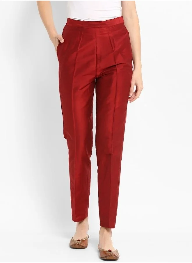 Abhishti Coral Red Straight Pants With Pockets