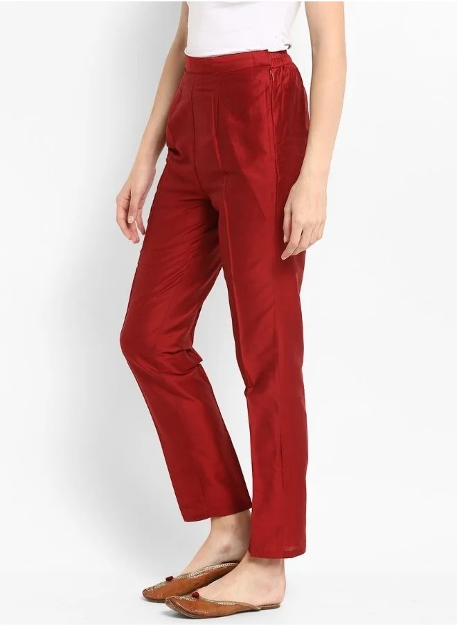 Abhishti Coral Red Straight Pants With Pockets