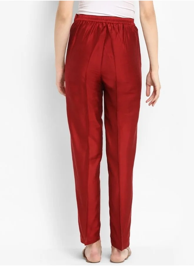 Abhishti Coral Red Straight Pants With Pockets