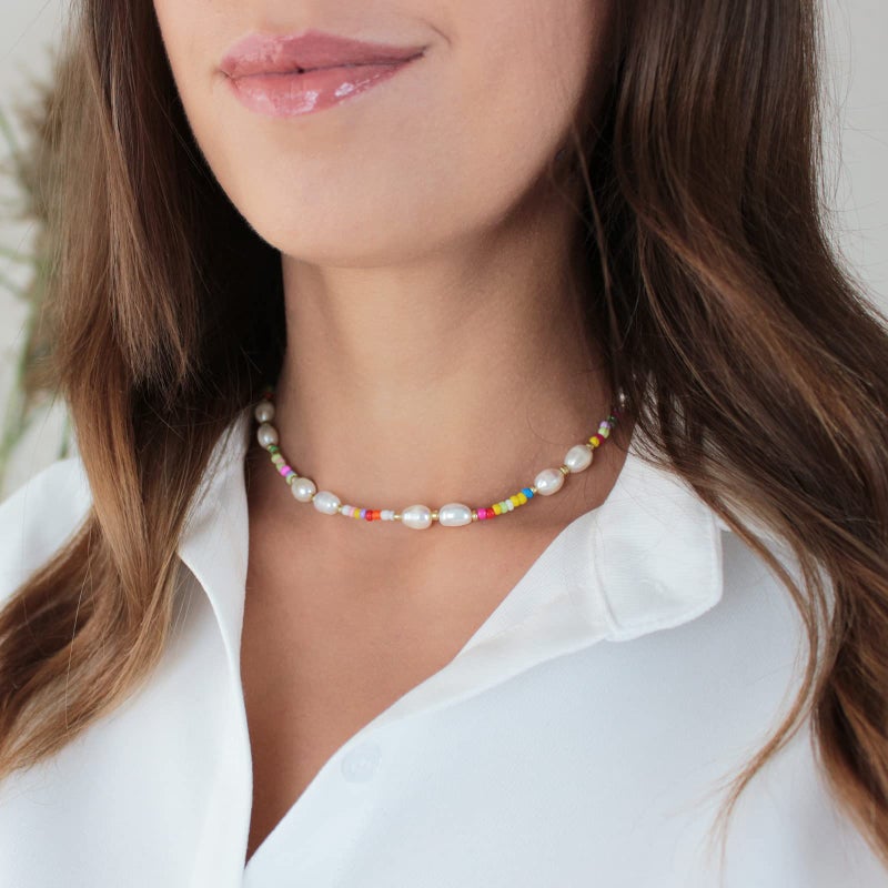 Wellike Freshwater Pearl Beaded Necklace for Women Handmade Boho Colorful Glass Beads Choker Necklace Stainless Steel 18K Gold Plated Bohemian Women Summer Jewelry Gifts (KKWX1070) - Image 2