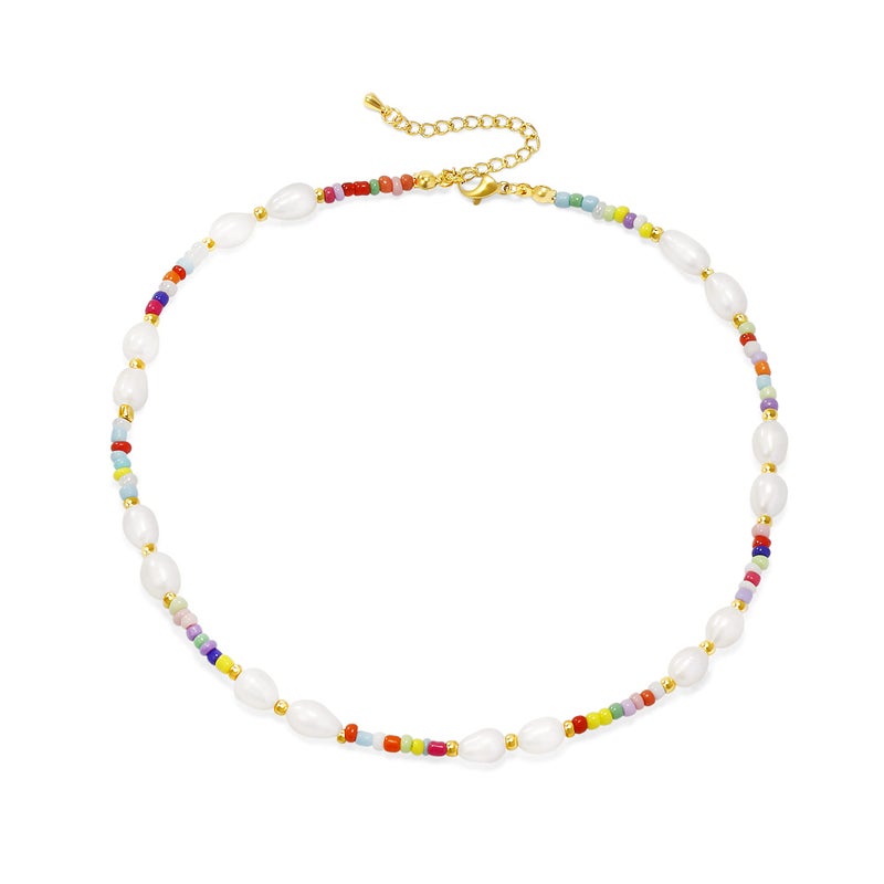 Wellike Freshwater Pearl Beaded Necklace for Women Handmade Boho Colorful Glass Beads Choker Necklace Stainless Steel 18K Gold Plated Bohemian Women Summer Jewelry Gifts (KKWX1070) - Image 1