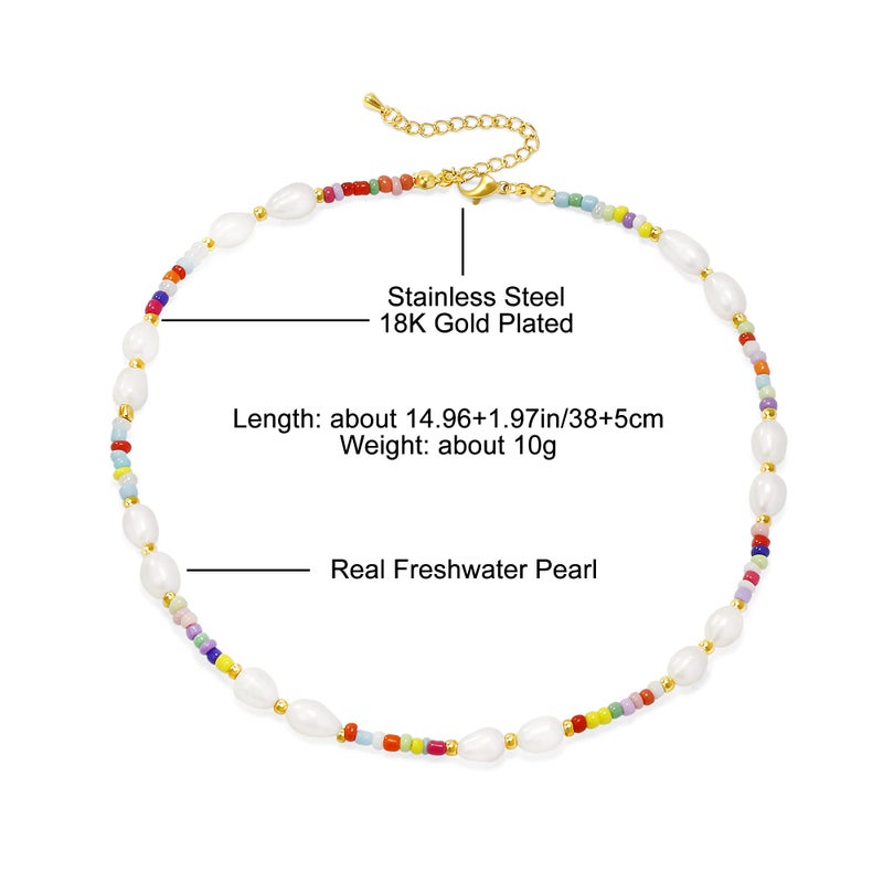 Wellike Freshwater Pearl Beaded Necklace for Women Handmade Boho Colorful Glass Beads Choker Necklace Stainless Steel 18K Gold Plated Bohemian Women Summer Jewelry Gifts (KKWX1070) - Image 5