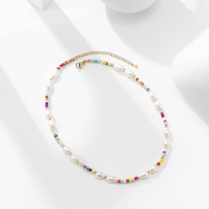 Wellike Freshwater Pearl Beaded Necklace for Women Handmade Boho Colorful Glass Beads Choker Necklace Stainless Steel 18K Gold Plated Bohemian Women Summer Jewelry Gifts (KKWX1070) - Image 4
