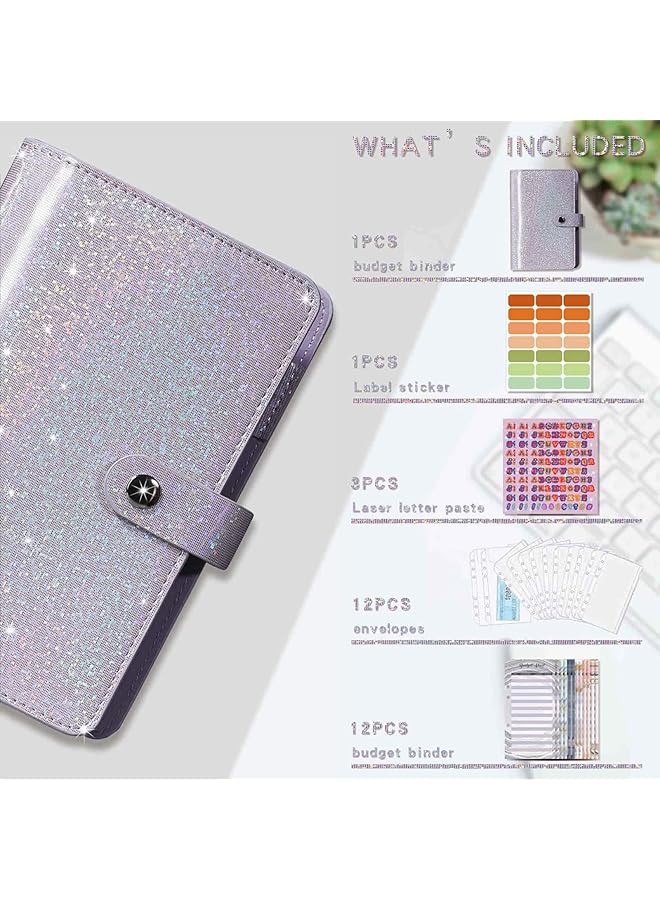erorex A6 Budget Binder With 12Pcs Zipper Envelopes Gold Foil Budget Card 12 3 Sequin English 21 Labels For Budgeting Small Budget Planner Wallet With Bill Pouches And Expense Budget Sheets Purple  - Image 2