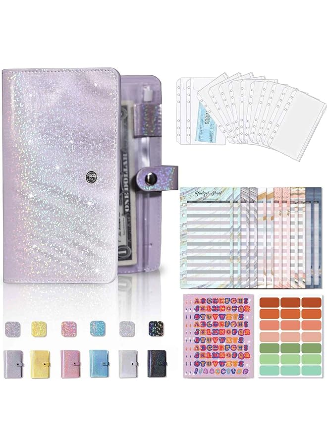 erorex A6 Budget Binder With 12Pcs Zipper Envelopes Gold Foil Budget Card 12 3 Sequin English 21 Labels For Budgeting Small Budget Planner Wallet With Bill Pouches And Expense Budget Sheets Purple  - Image 1