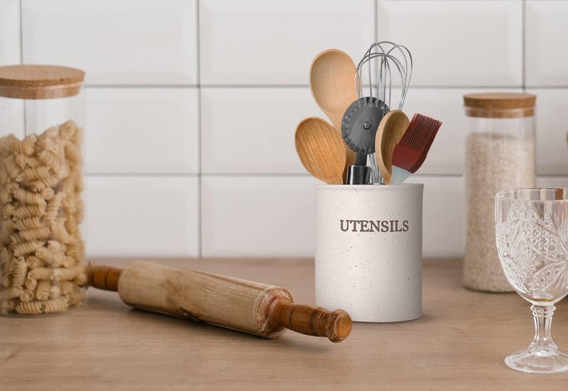 Kook كوك وعاء أدوات كبير لكونتر المطبخ حاملة أدوات سيراميك ثقيلة ومستقرة مزينة بأسلوب المزرعة بلون كريمي غير لامع 6 بوصة آمنة في غسالة الصحون - Image 3