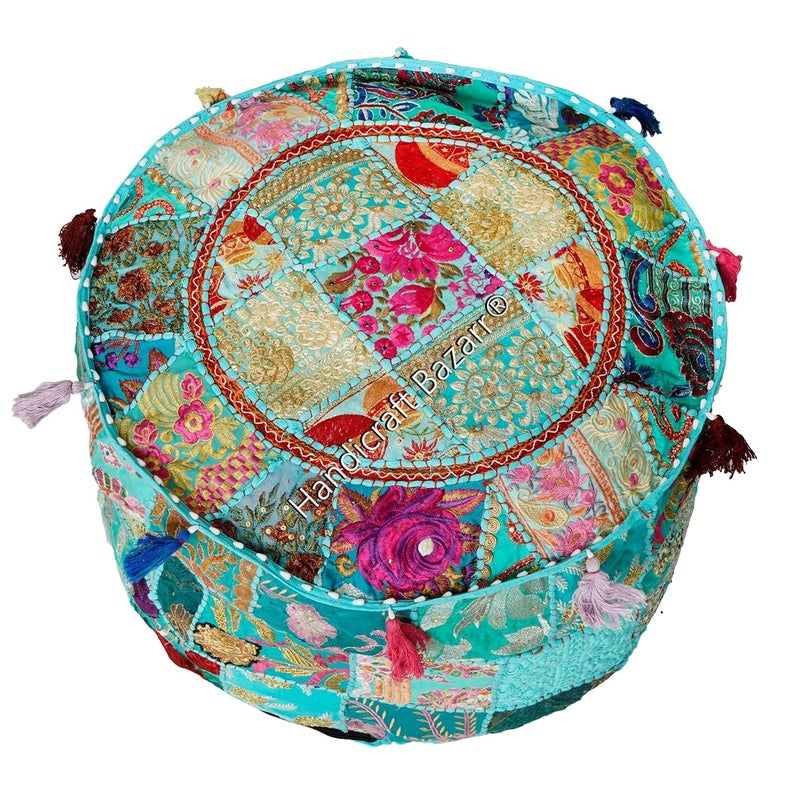 Handicraft Bazarr Patchwork Ottoman Pouf Traditional Handmade 12 Inch Bean Bag Case Vintage Embroidery Khambadiya Foot Rest Stool - Image 2