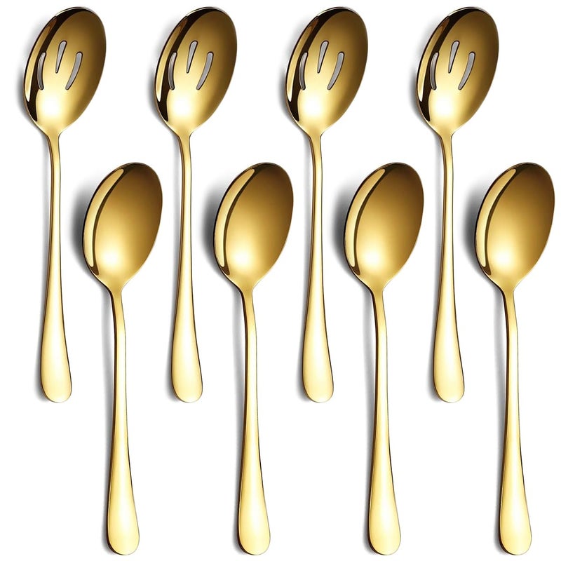 ReaNea Gold Serving Spoons 8 Pieces, Stainless Steel Serving Utensils Set inclunde 4 Serving Spoon 4 Serving Slotted Spoons, Dishwasher Safe - Image 1