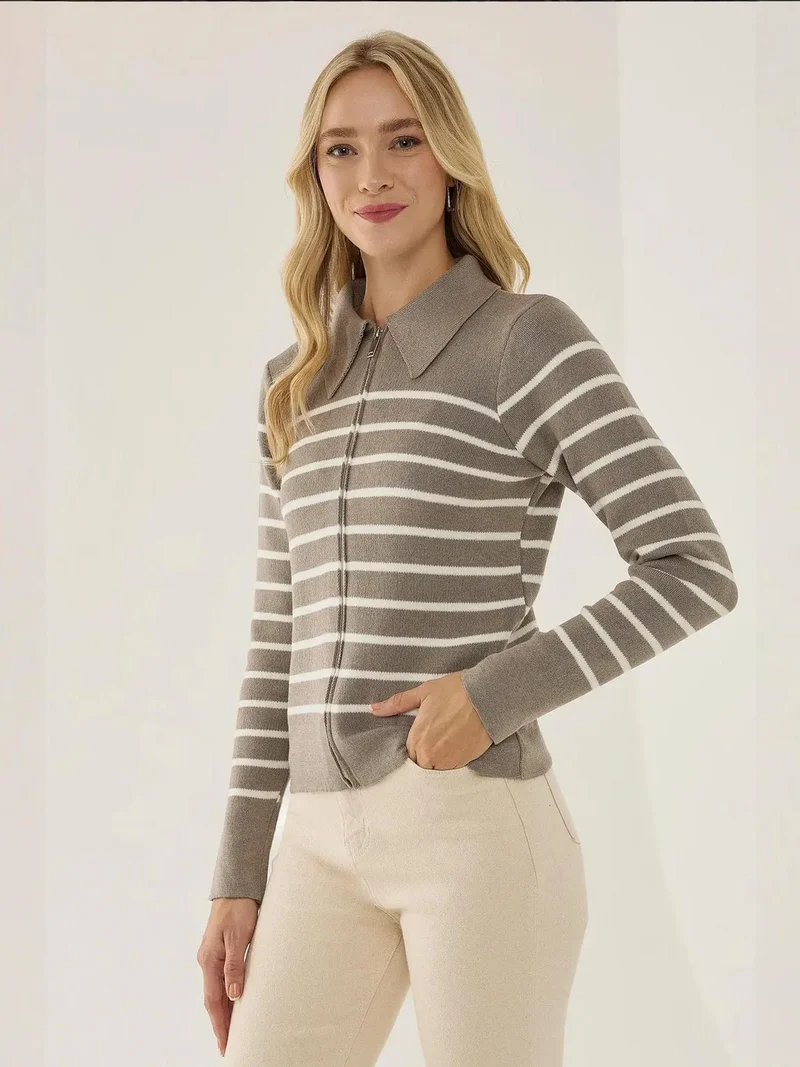 زوبعة كارديجان مخطط بسحاب وياقة قميص