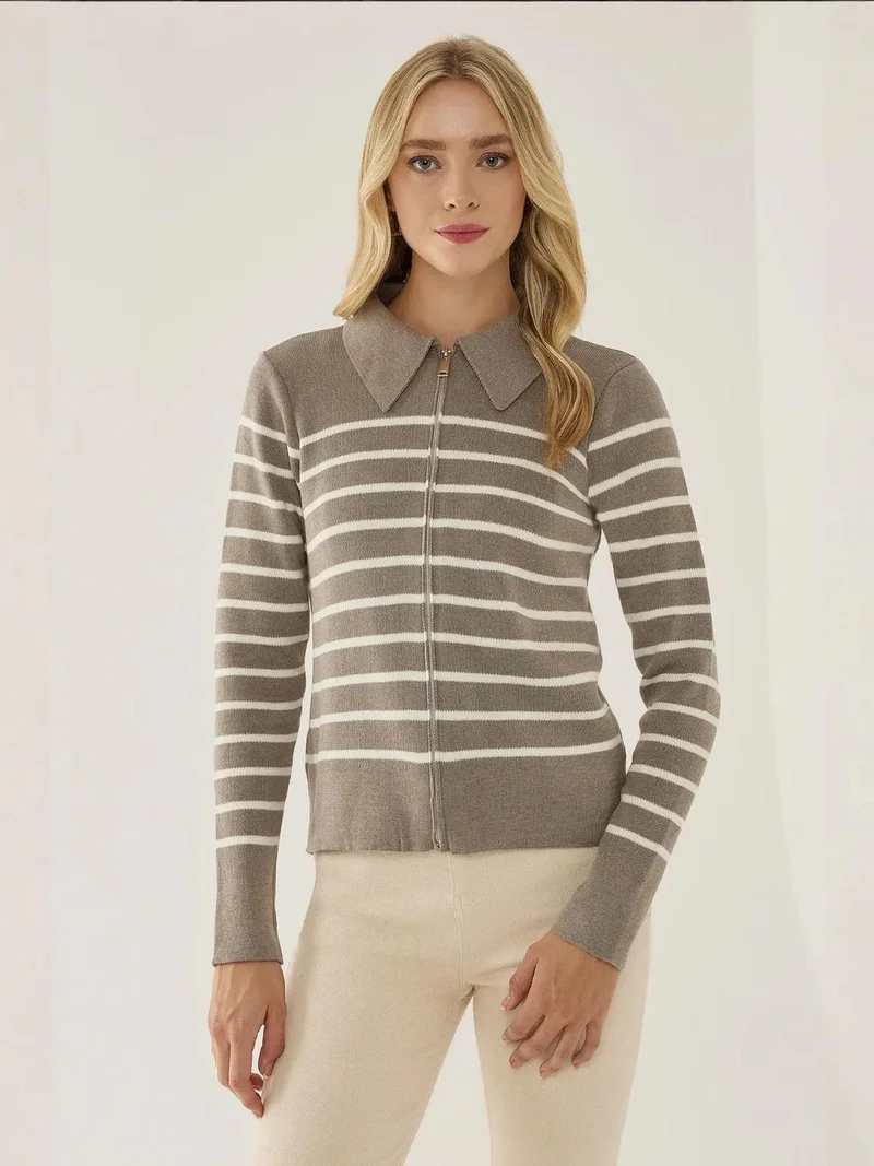 زوبعة كارديجان مخطط بسحاب وياقة قميص