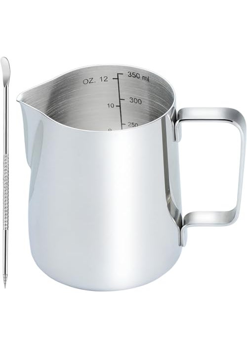 CAMKYDE CAMKYDE Stainless Steel Milk Frothing Pitcher 12 oz Espresso Steaming Pitcher with Decorating Pen for Espresso Machines Cappuccino Latte Art A Silver 
