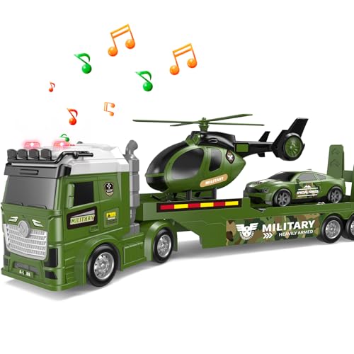 DWIRCTOYS Kids Toys for Ages 3 4 5 6 7 8 Years Old Boys 25 Large Army Semi Truck with Helicopter Race Car Friction Powered Vehicle with Lights SoundsBirthday Gift for Boys Girls - Image 1
