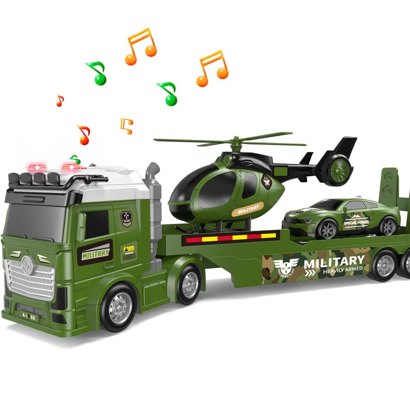 DWIRCTOYS Kids Toys for Ages 3 4 5 6 7 8 Years Old Boys 25 Large Army Semi Truck with Helicopter Race Car Friction Powered Vehicle with Lights SoundsBirthday Gift for Boys Girls - Image 3
