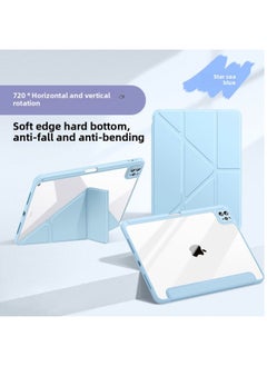 For Ipad Pro11 Protective Case Air6/5 Acrylic Anti-bending Air13 Transparent 10.2Y Folding Anti-fall Leather Case-Color:White Ice Blue [color Matching Bottom Case]-Applicable Models:Ipad Air7 ( 11inch )