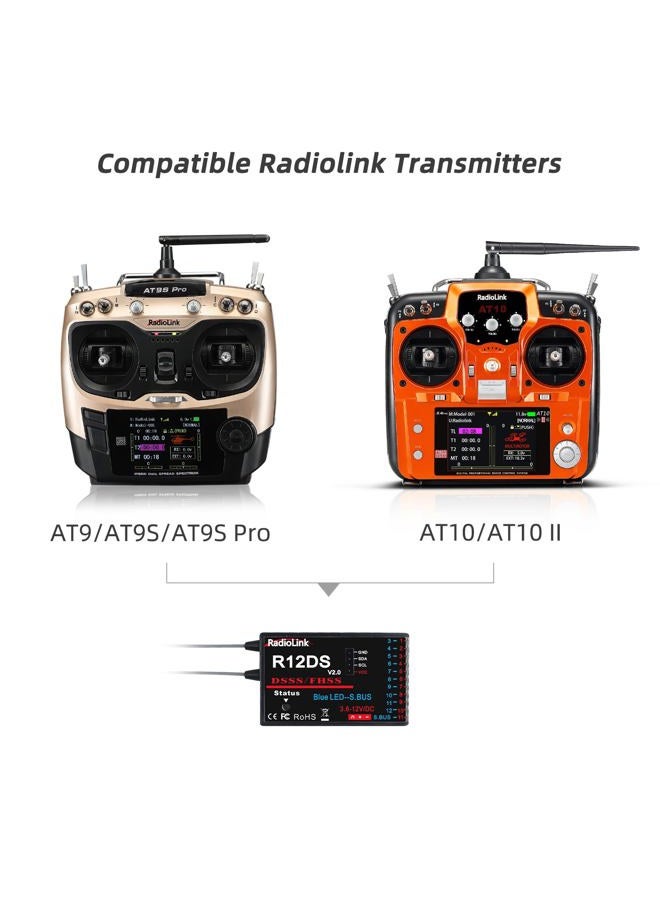 RADIOLINK R12DS 2.4GHz RC Receiver 12 Channels SBUS/PWM Long Range Control for Airplane, Aircraft Drone Jet RC Transmitter AT10II/AT10/AT9S Pro/AT9S/AT9 - Image 2