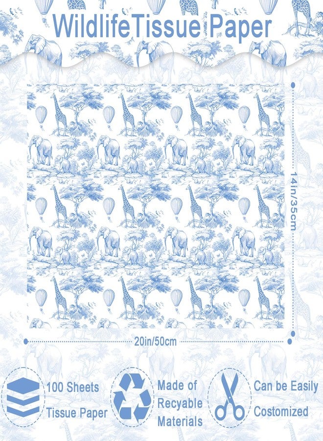 Fabllewavi 100 Sheets Africa Animals Tissue Paper, Chinoiserie Toile de Jouy Seamless Pattern Art Crafts Paper Elephant Giraffe Balloons Tissue for Birthday Baby Shower Supplies, 13.8'' x 19.7'' (Blue) - Image 2
