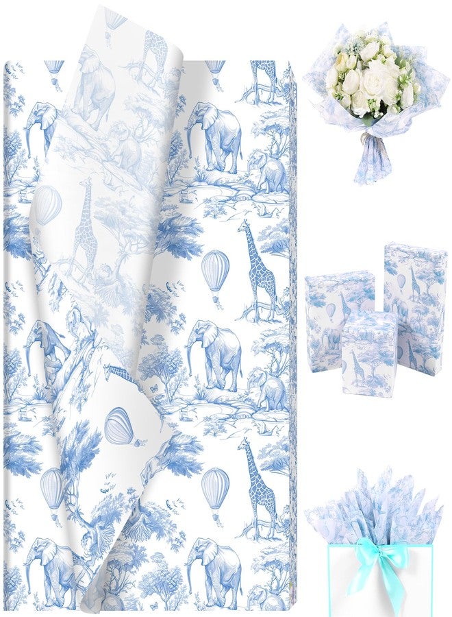 Fabllewavi 100 Sheets Africa Animals Tissue Paper, Chinoiserie Toile de Jouy Seamless Pattern Art Crafts Paper Elephant Giraffe Balloons Tissue for Birthday Baby Shower Supplies, 13.8'' x 19.7'' (Blue) - Image 1