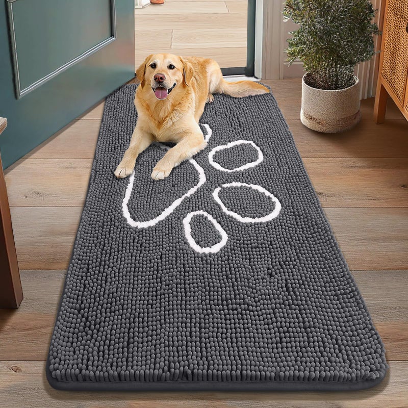 Smiry Dog Door Mat for Muddy Paws, Absorbent Dirt Trapper Non Slip Quick Dry Washable Chenille Mat for Mud Dogs, Entry Rug for Indoor and Outdoor (48x30 Inches, Dark Grey and White) - Image 1