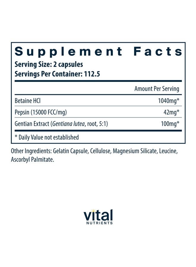 Vital Nutrients Betaine HCL Pepsin with Gentian Root Extract | Digestive Enzyme Formula to Support Protein Digestion and Nutrient Absorption* | Gluten, Dairy, Soy Free | 225 Capsules - Image 2