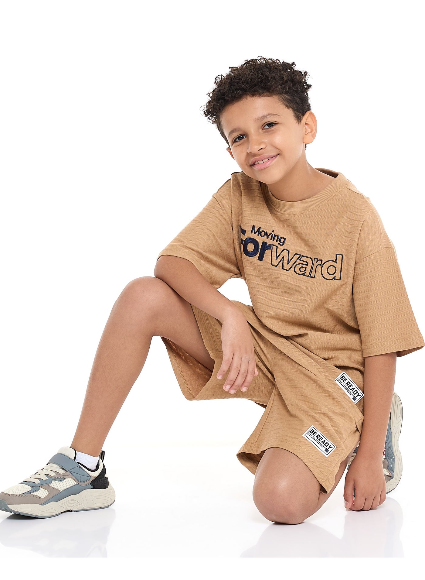 victor and jane Oversized Boys Jacquard Set – Slogan T-shirt in Textured Material, with Matching Shorts with Pockets