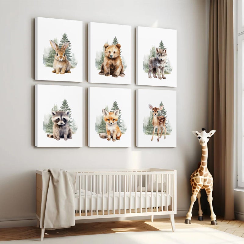 Joocrise Woodland Animal Nursery Wall Art Decor Set of 6 Baby Boys Room Wall Art Forest Animal Canvas Wall Decor Kids Art Prints Watercolor Bear Deer Fox Pictures Artwork for Bedroom 8x10 Inch Framed - Image 3
