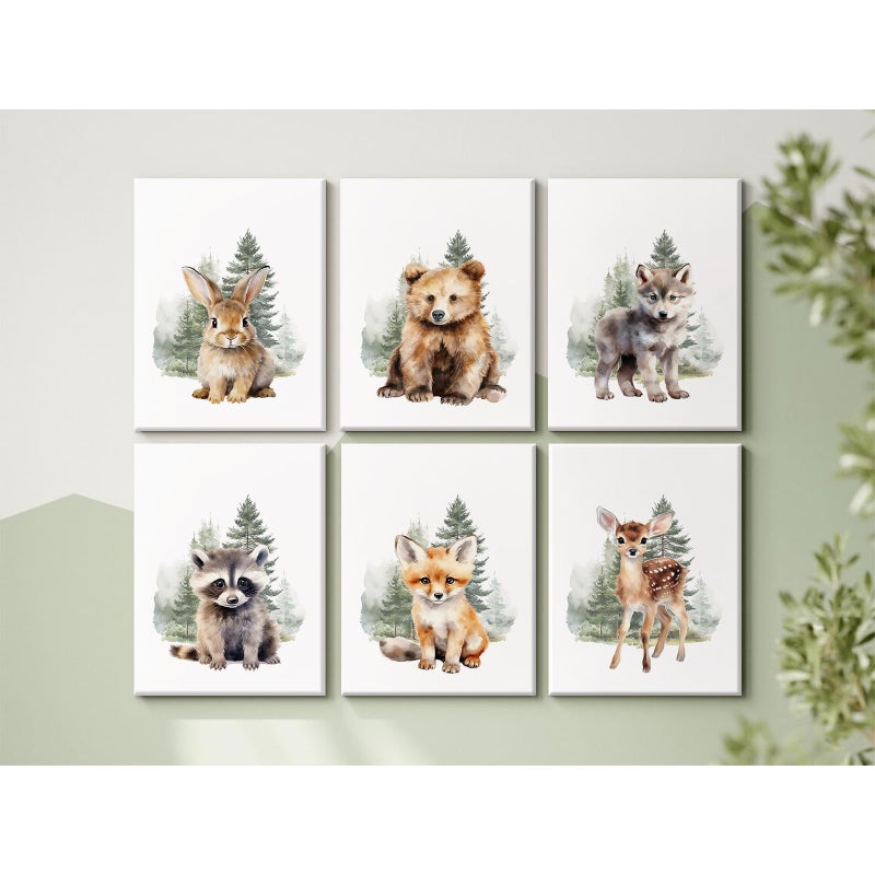Joocrise Woodland Animal Nursery Wall Art Decor Set of 6 Baby Boys Room Wall Art Forest Animal Canvas Wall Decor Kids Art Prints Watercolor Bear Deer Fox Pictures Artwork for Bedroom 8x10 Inch Framed - Image 4