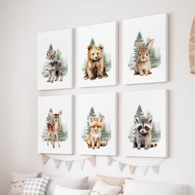 Joocrise Woodland Animal Nursery Wall Art Decor Set of 6 Baby Boys Room Wall Art Forest Animal Canvas Wall Decor Kids Art Prints Watercolor Bear Deer Fox Pictures Artwork for Bedroom 8x10 Inch Framed - Image 2