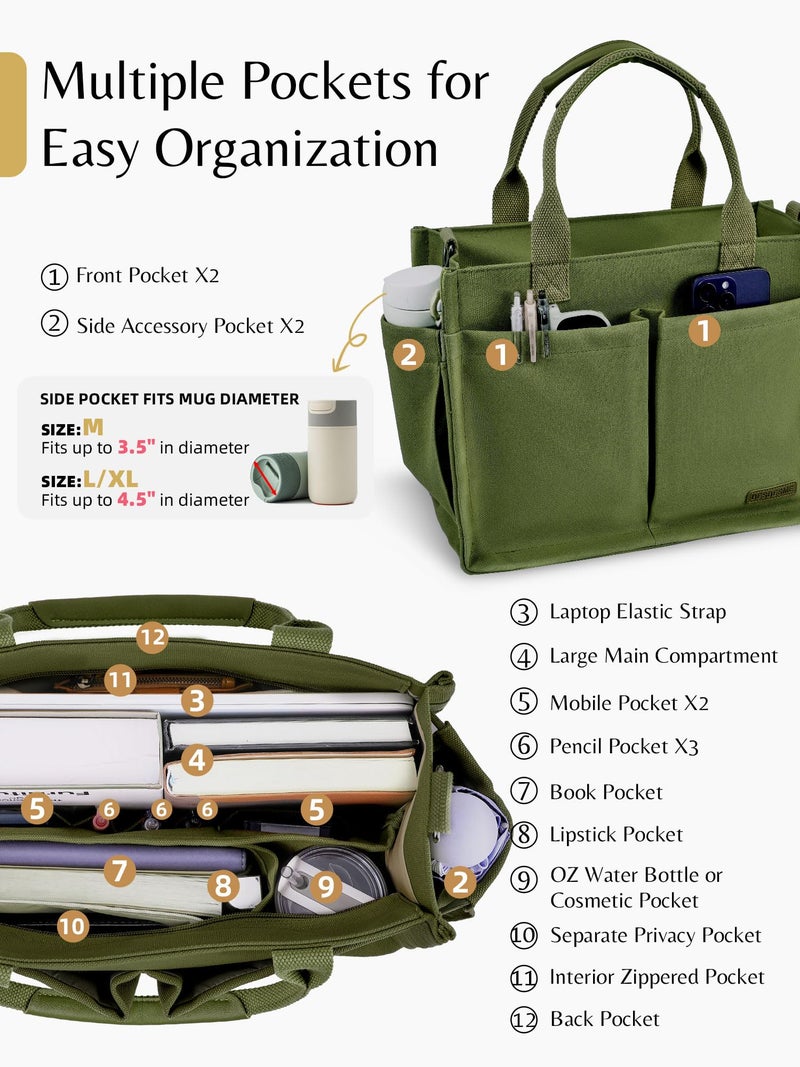 BESBESME Canvas Tote Bag for Women with Zipper, Compartments & Luggage Sleeve, Work and College Crossbody Bag, Adjustable Strap, Laptop Purse for Teacher, Nurse, Travel, Bible Study, Army Green L - Image 4