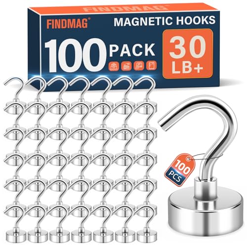 FINDMAG Magnetic Hooks for Cruise Cabins 30lbs Strong Magnet Hooks Heavy Duty N52 Rare Earth Magnetic Hooks for Hanging 2026 Cruise Cabin Ship Essentials Kitchen Home Workshop 100 Pack Silver - Image 1