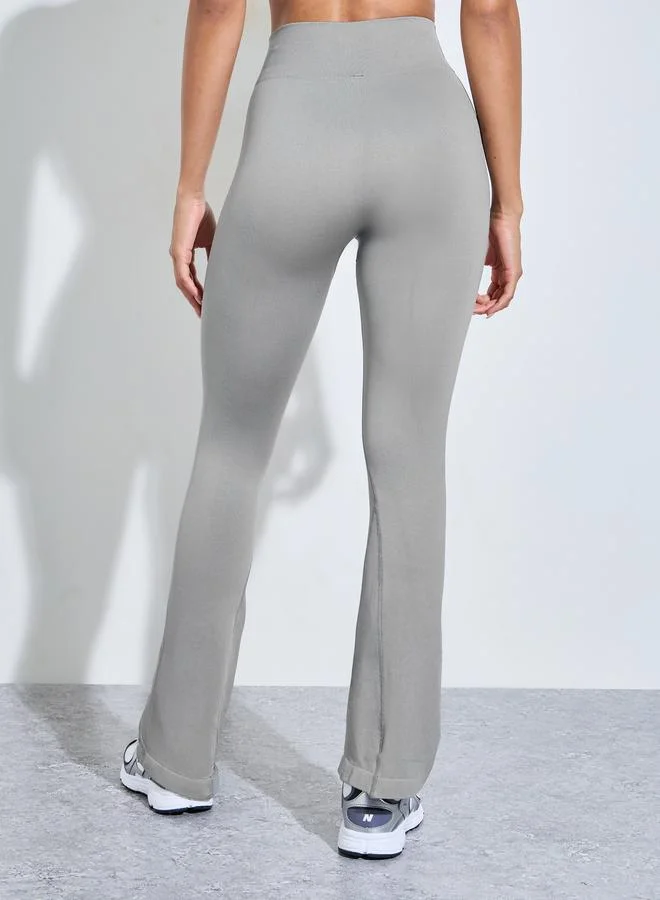 Styli Active  Grey Solid High-Waist Flare Active Pants for Women | Best Price UAE