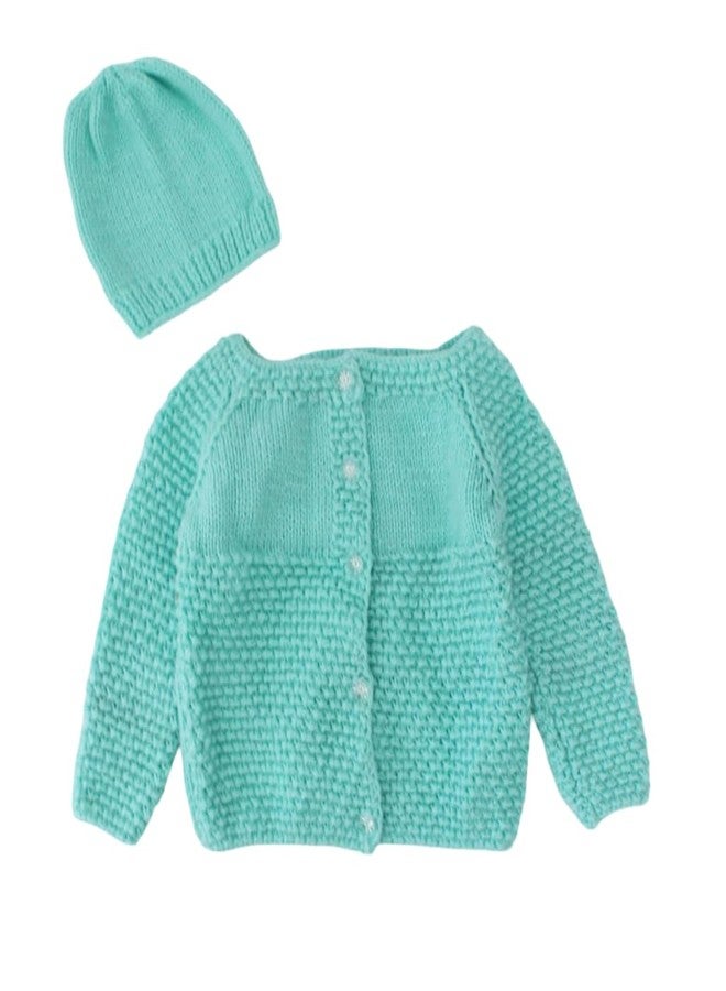 KNIT GEMS كنزة صوفية محبوكة يدوياً بتصميم ذاتي من KNIT GEMS KGM مع قبعة | هودي للأطفال | كنزة دافئة للمواليد الجدد | ملابس شتوية للأطفال (أخضر بحري) - Image 1