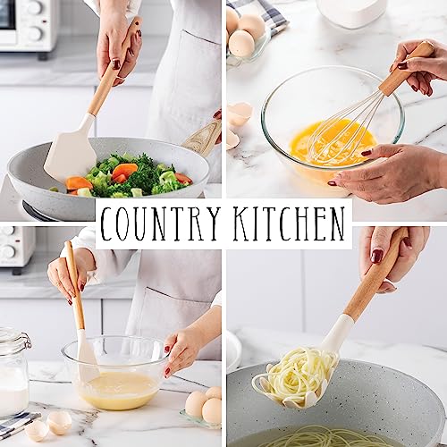Country Kitchen Non Stick Silicone Utensil Set with Rounded Wood Handles for Cooking and Baking, 38 Piece Set, Khaki - Image 4