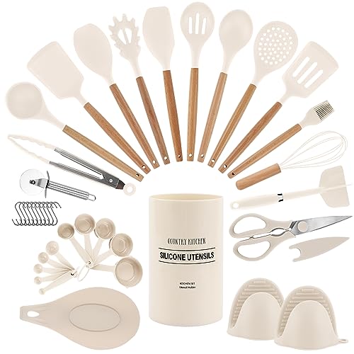 Country Kitchen Non Stick Silicone Utensil Set with Rounded Wood Handles for Cooking and Baking, 38 Piece Set, Khaki - Image 1
