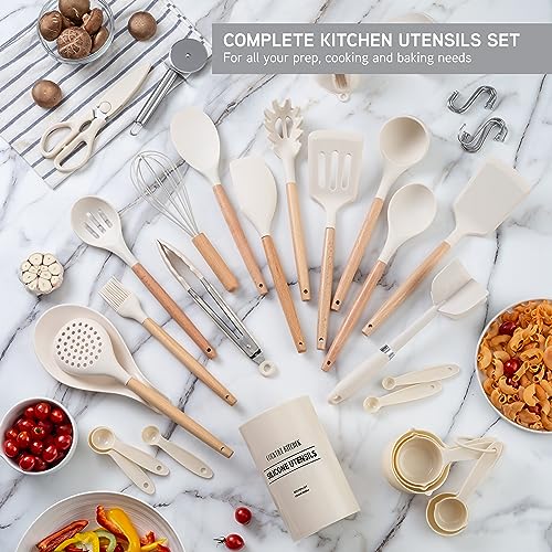 Country Kitchen Non Stick Silicone Utensil Set with Rounded Wood Handles for Cooking and Baking, 38 Piece Set, Khaki - Image 3